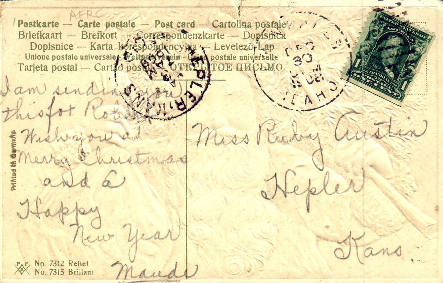 A Merry Christmas To You Santa Carrying Tree and Bag Vintage Santa Postcard