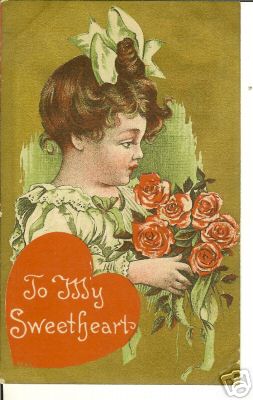 Little Girl in Green holds Red Roses Gold Gilt Background Valentine Postcard