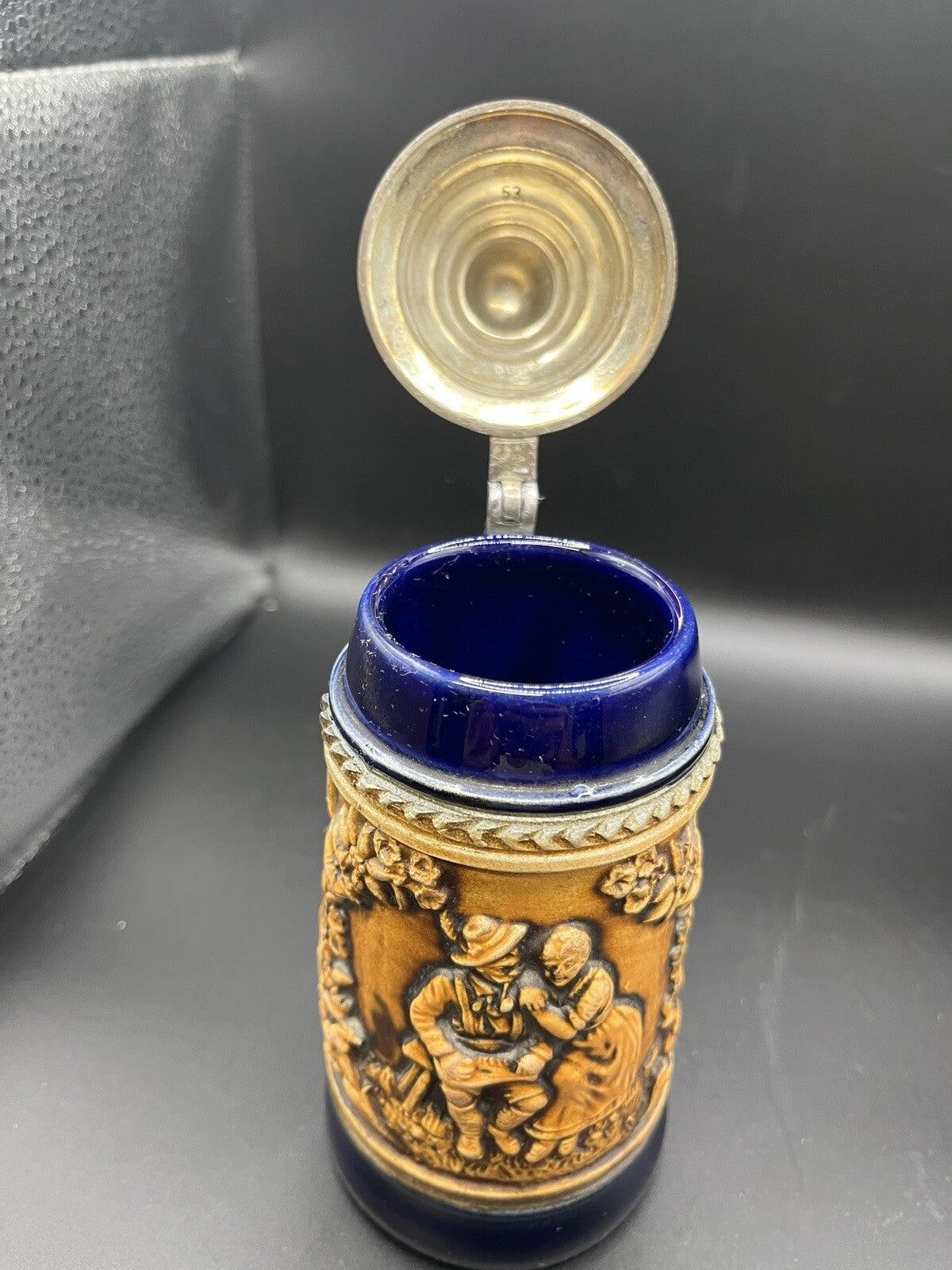 Vintage GERZIT Gerz German Pewter Lidded Beer Stein, Cobolt Blue Glazed