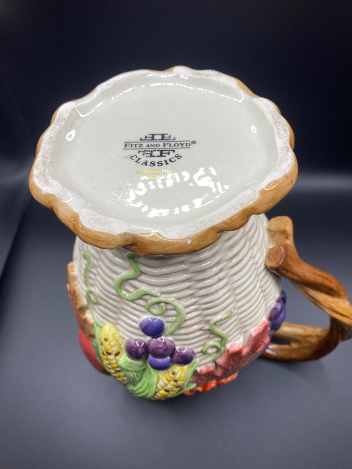 Vintage Fitz And Floyd Harvest Fall Ceramic Pumpkin Grapes Leaf Pitcher 1997