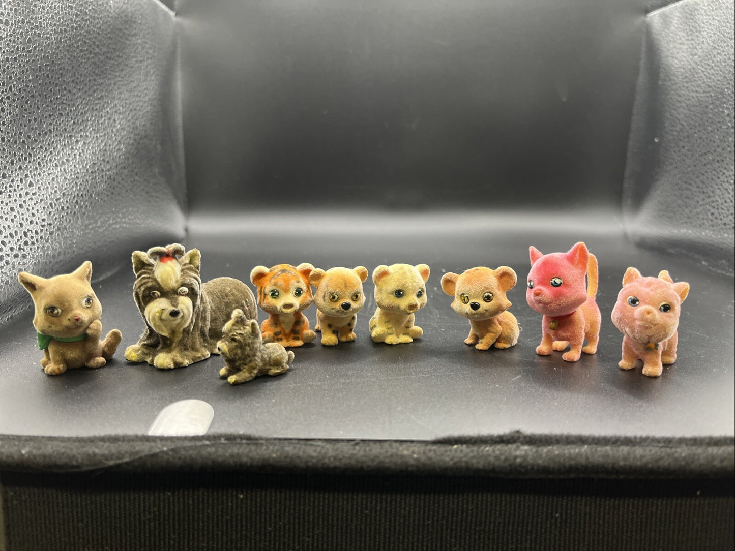 9 Vintage Flocked Dogs, Cats Tigers Originals Felt Fuzzy Animals
