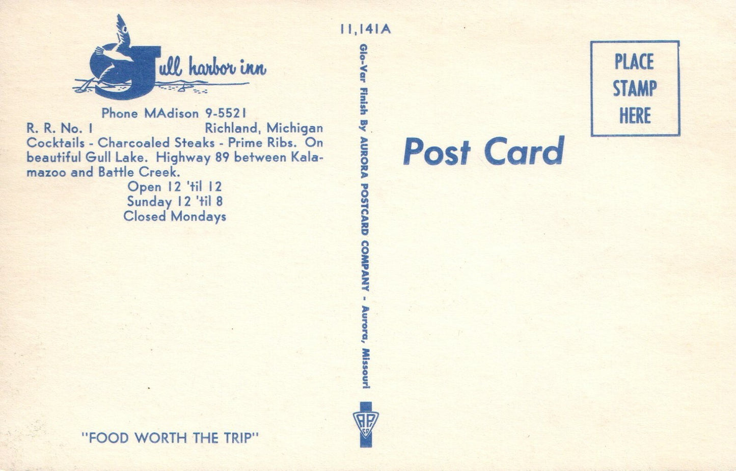 Gull Harbor Inn Richland Michigan MI Restaurant Postcard