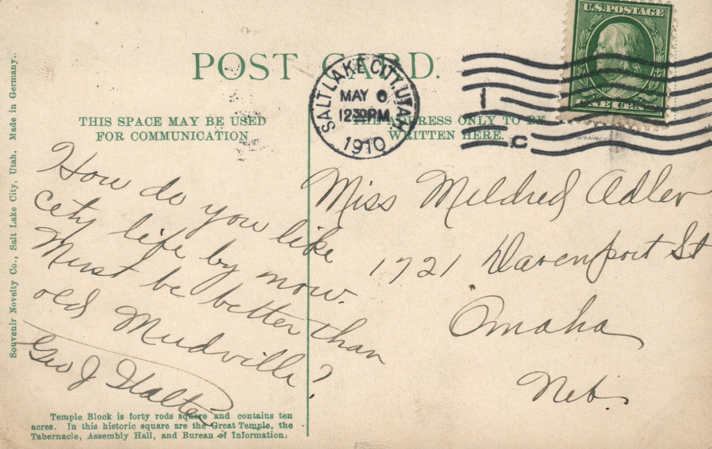 452 Temple Square Salt Lake City UT Utah Postcard