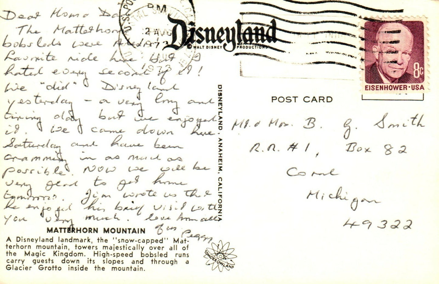 1973 Matterhorn Mountain Disneyland Disney Amusement Park Postcard