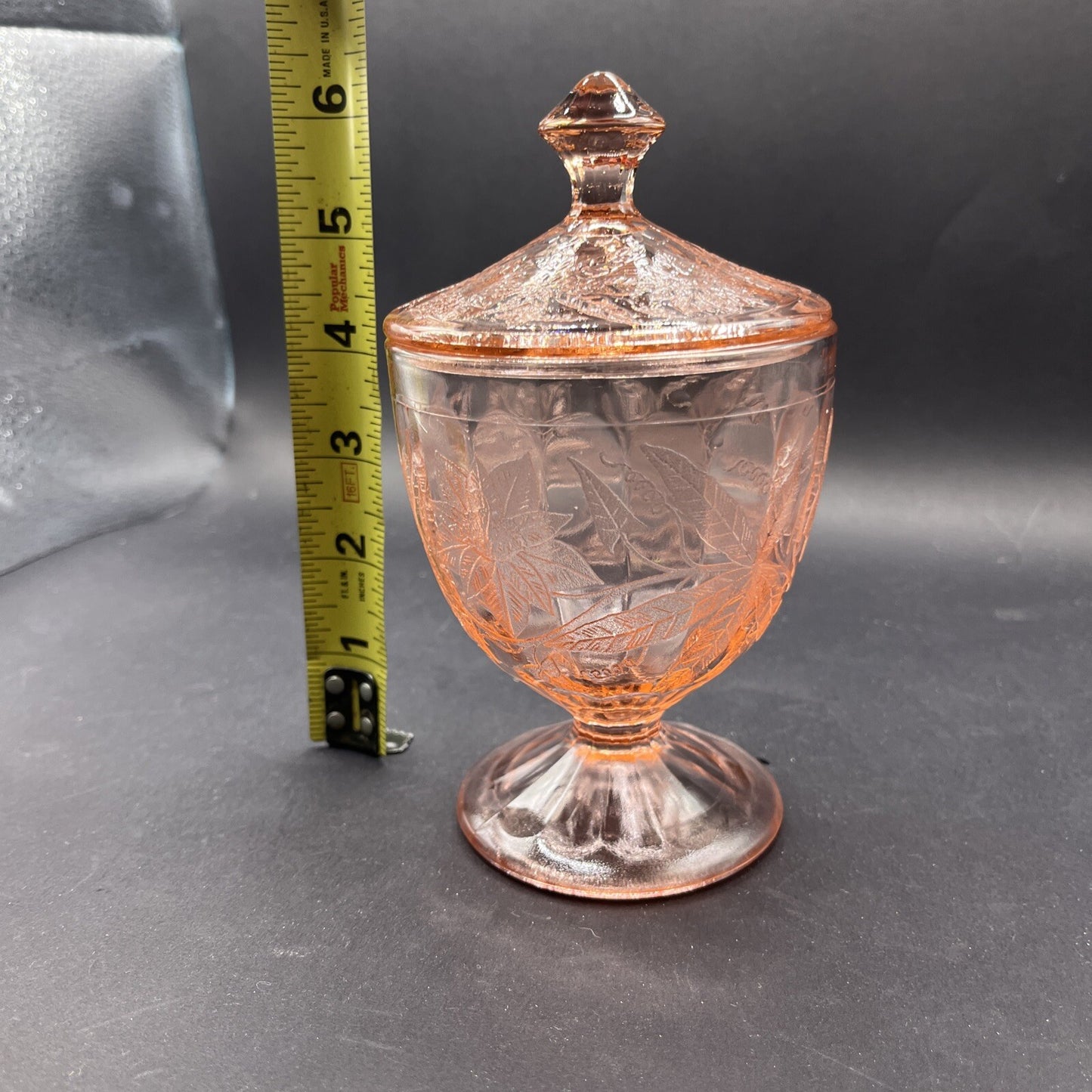 Floral Pink Footed Glass Candy Dish and Lid By Jeanette 6-1/4”