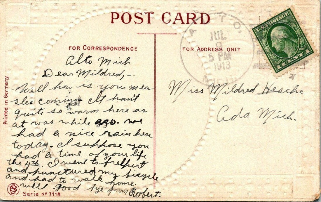 Guess What's In This Boy Blue Handing Letter to Girl Pink Series 7118 Postcard