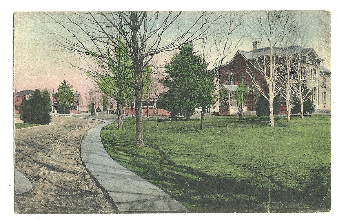 Brick House Curved Sidewalk Trees Sunset Coldwater MI Michigan Postcard