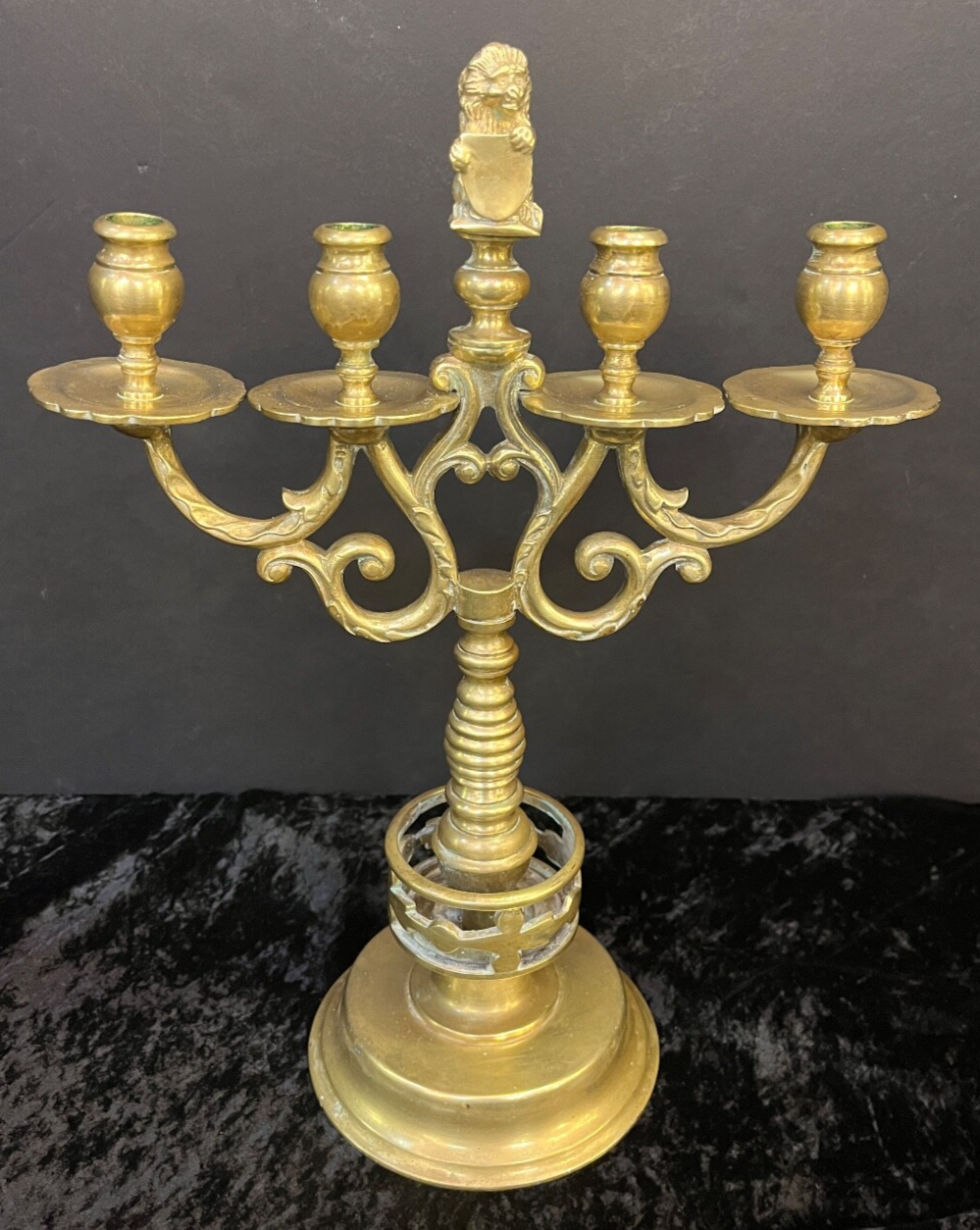 Vintage Brass Candelabra with Lion Holding Shield Amsterdam Netherlands Dutch