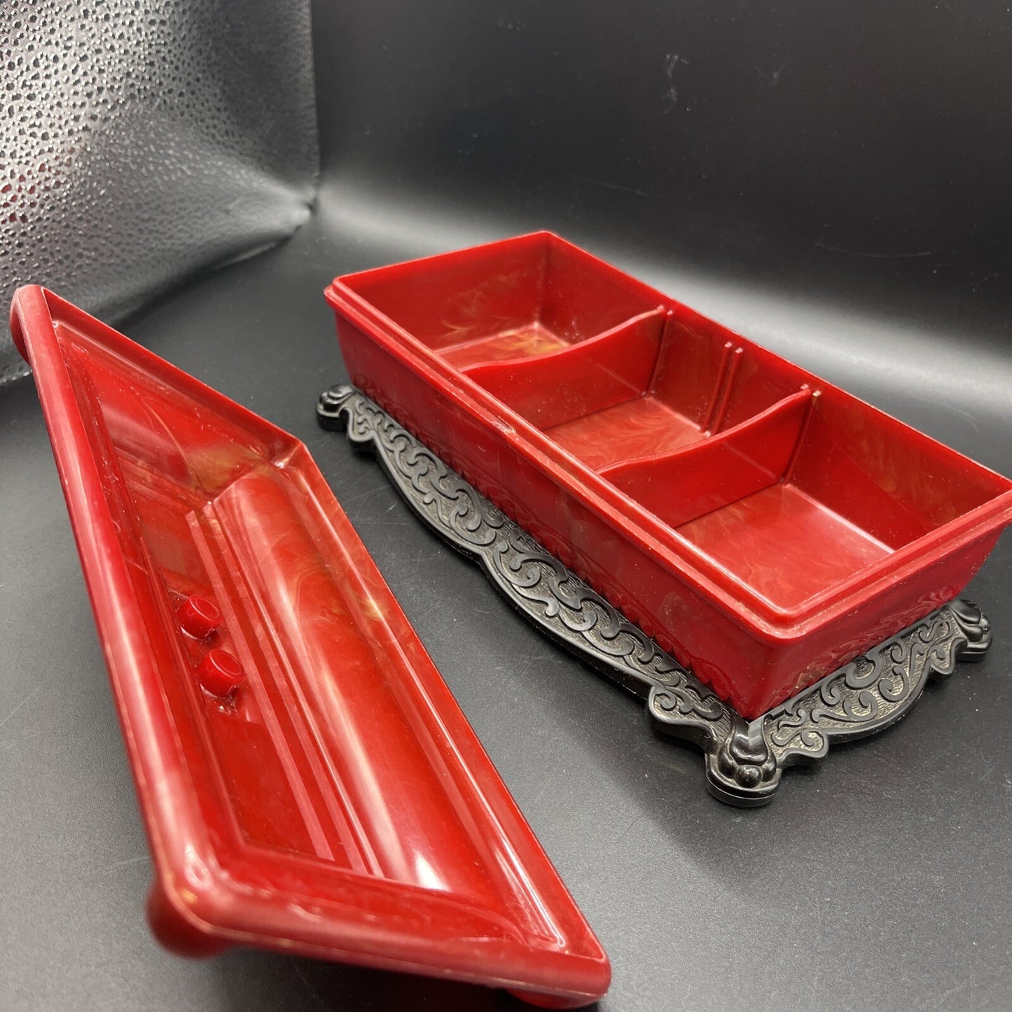 1940s Vintage Asian Red Dragon Celluloid Trinket Jewelry Box