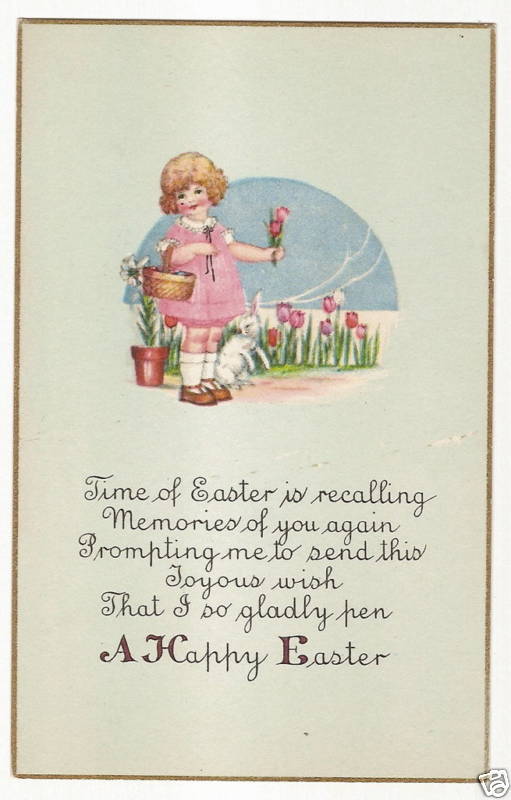 Green Child Tulips Basket Bunny Rabbit Easter Postcard Series