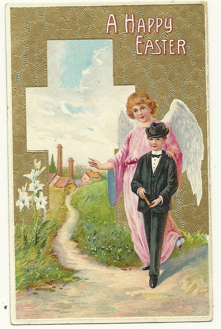 Guardian Easter Angel with boy in suit and hat off to church