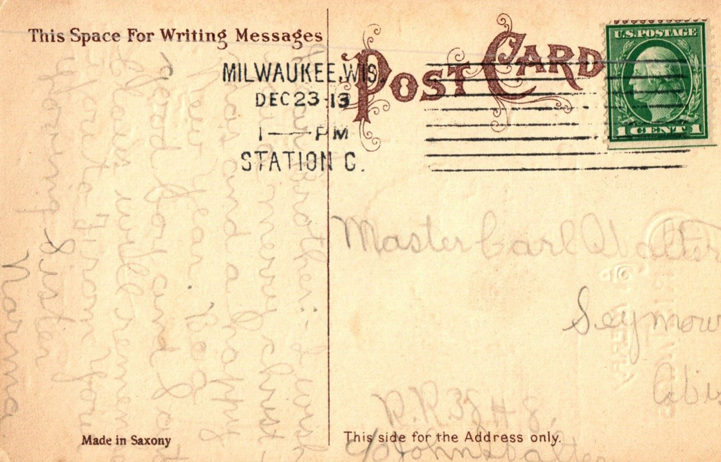 A Merry Christmas Gold Gilt Sant Gifting Child a Doll Vintage Santa Postcard