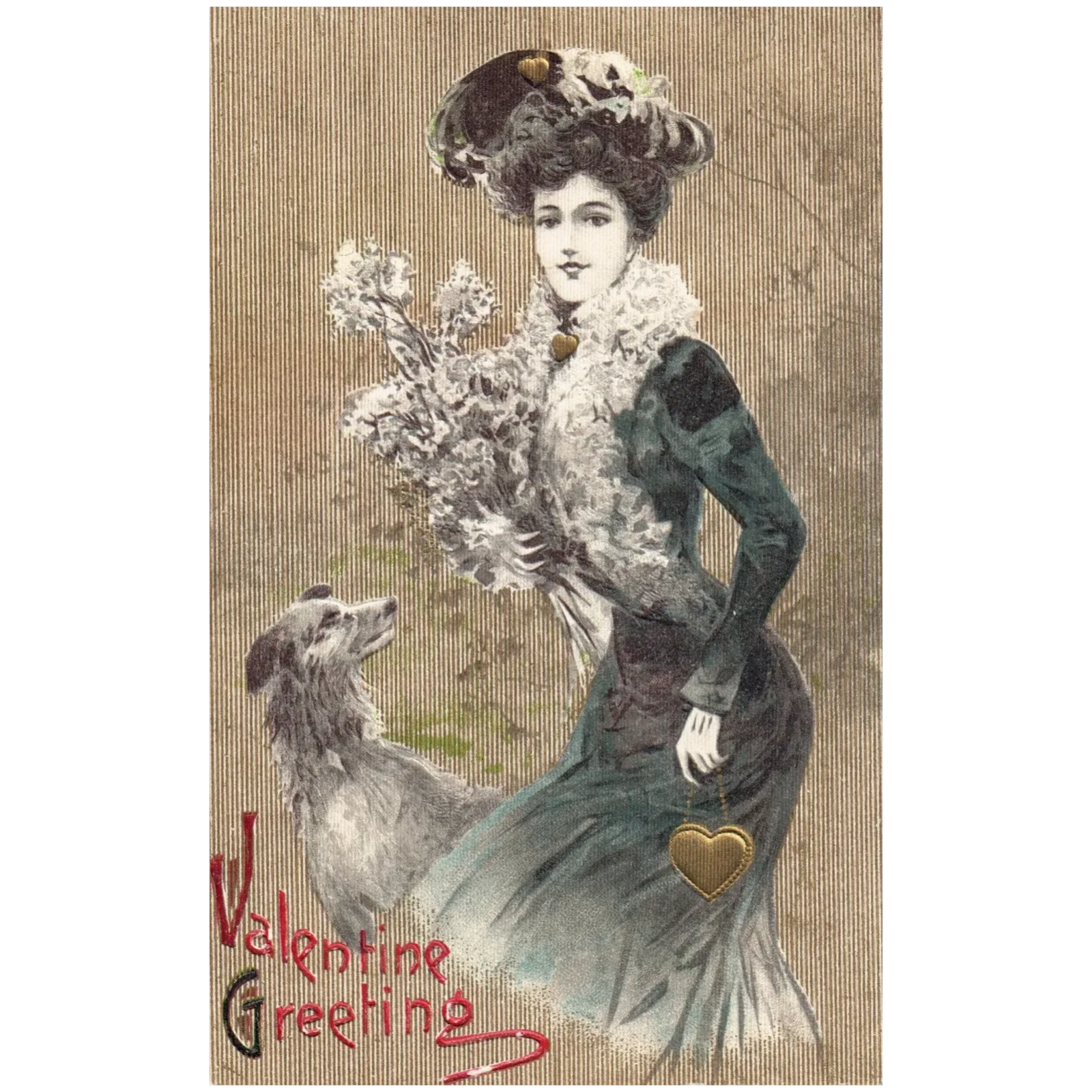 Winsch Valentine Greeting Woman in Hat & Dress w Dog Valentine Postcard