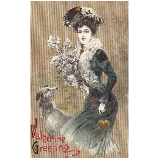Winsch Valentine Greeting Woman in Hat & Dress w Dog Valentine Postcard