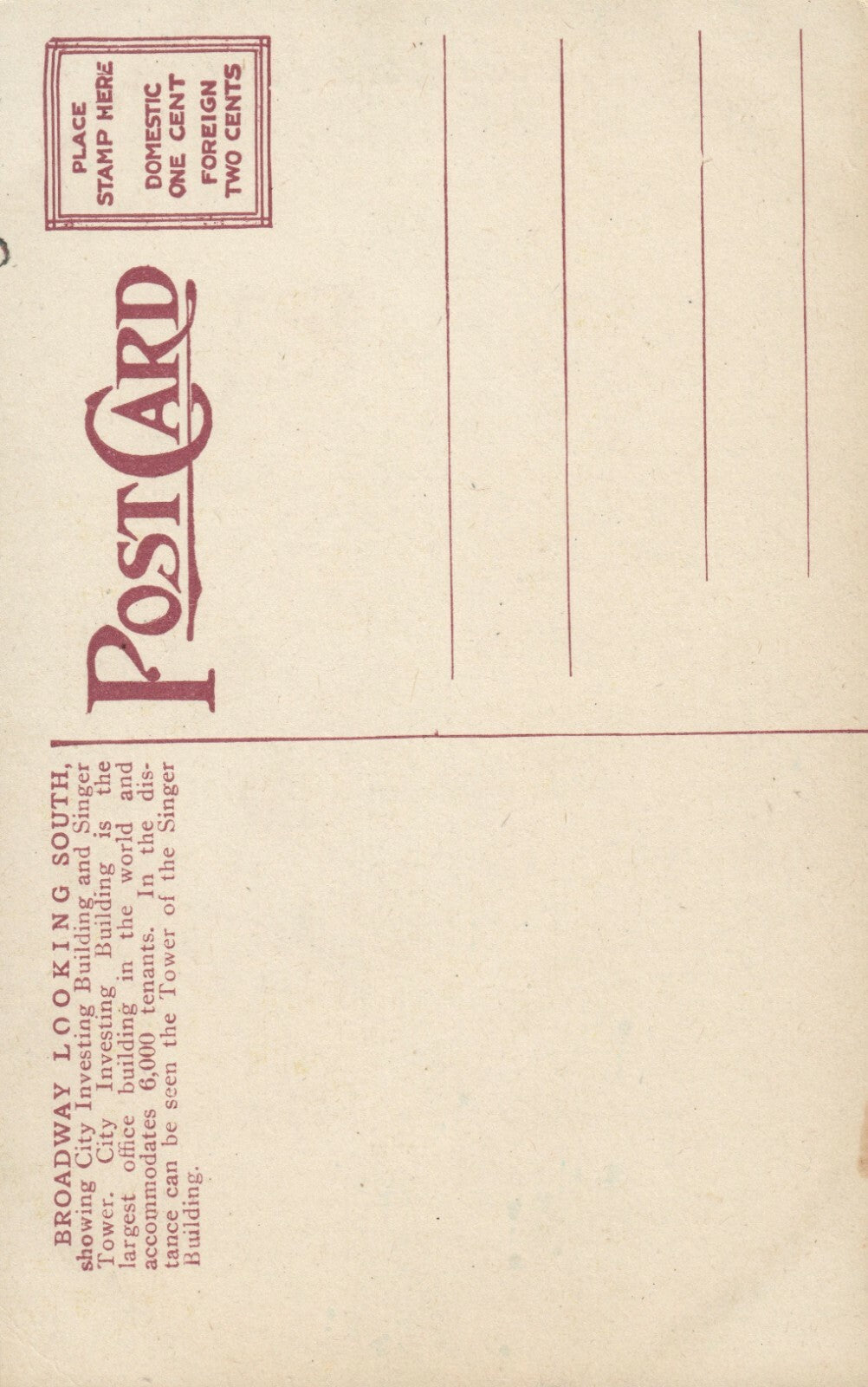 Broadway Looking South New York City NYC NY Postcard