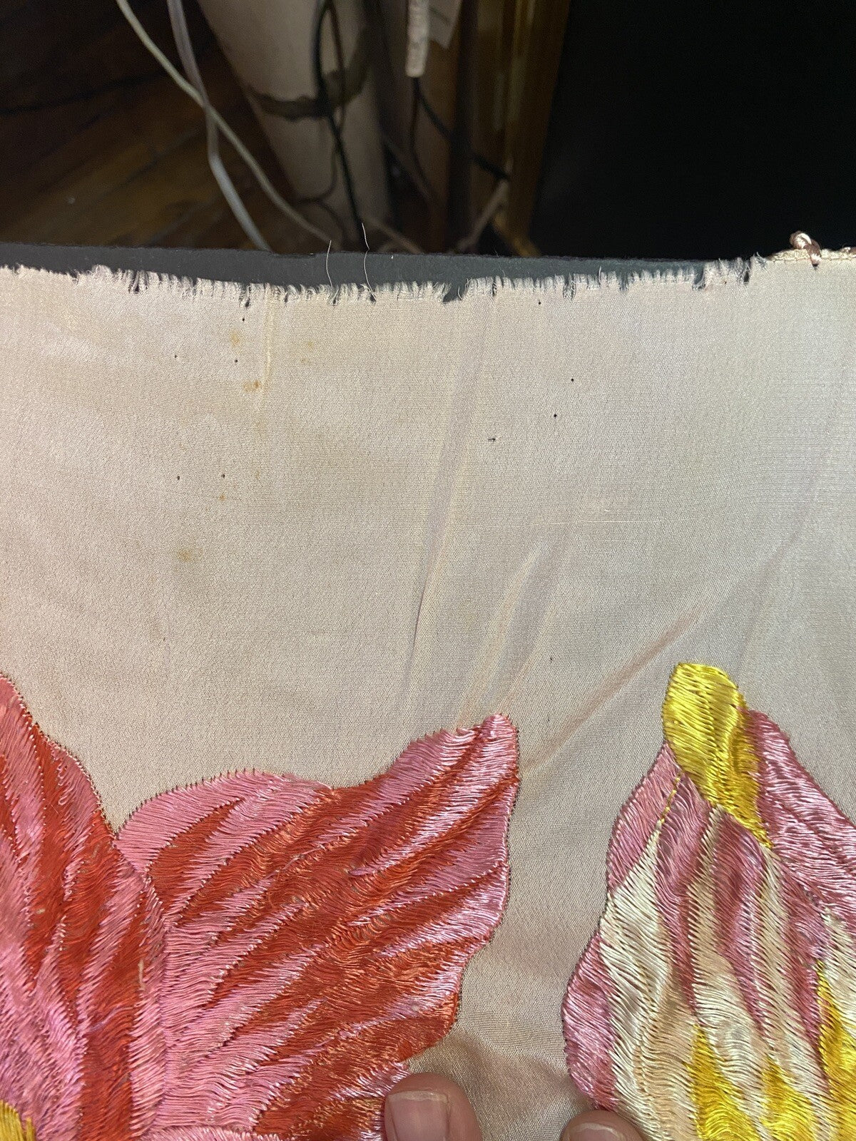 Antique 1920s Pink Silk Embroidered Floral Piano Shawl