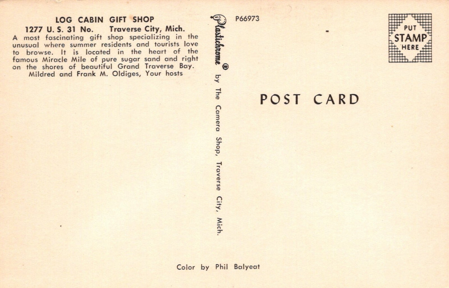 Log Cabin Gift Shop Pinestead Dining sign Traverse City Michigan MI Mich P66973