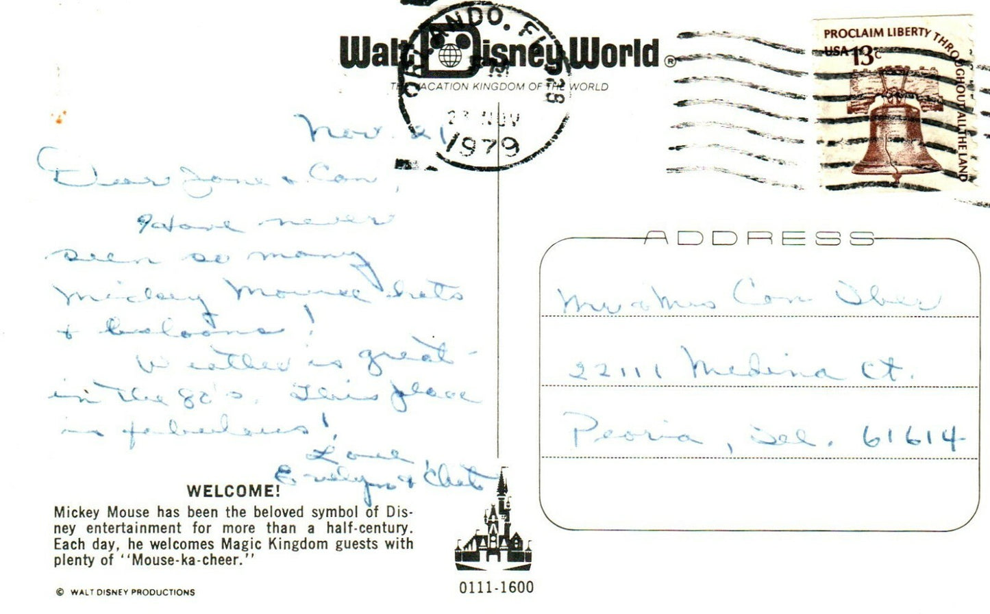 1979 Mickey Mouse Greeting Disney World Amusement Park Postcard