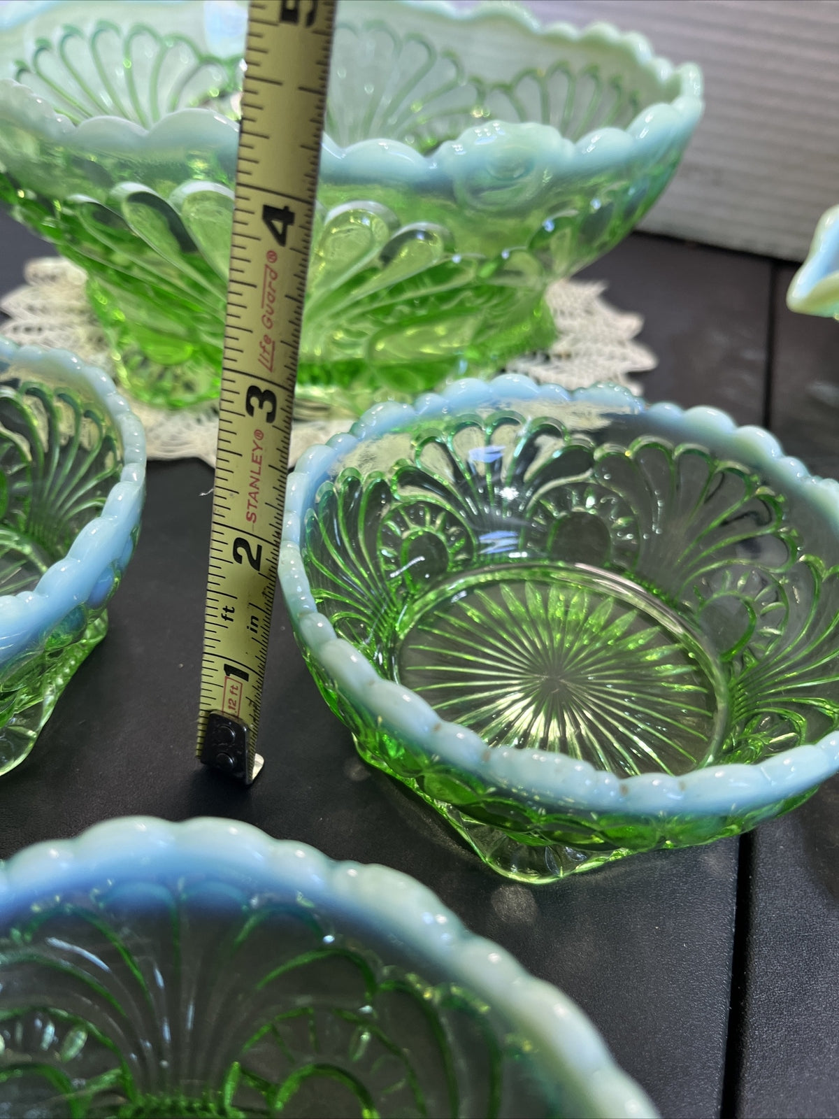 Antique Jefferson Glass 1907 Tokyo Green Opalescent Large, Med & 5 Small Bowls