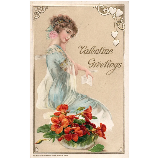 Winsch Valentine Greeting Woman Dressed in Blue Gold Embossed Valentine Postcard