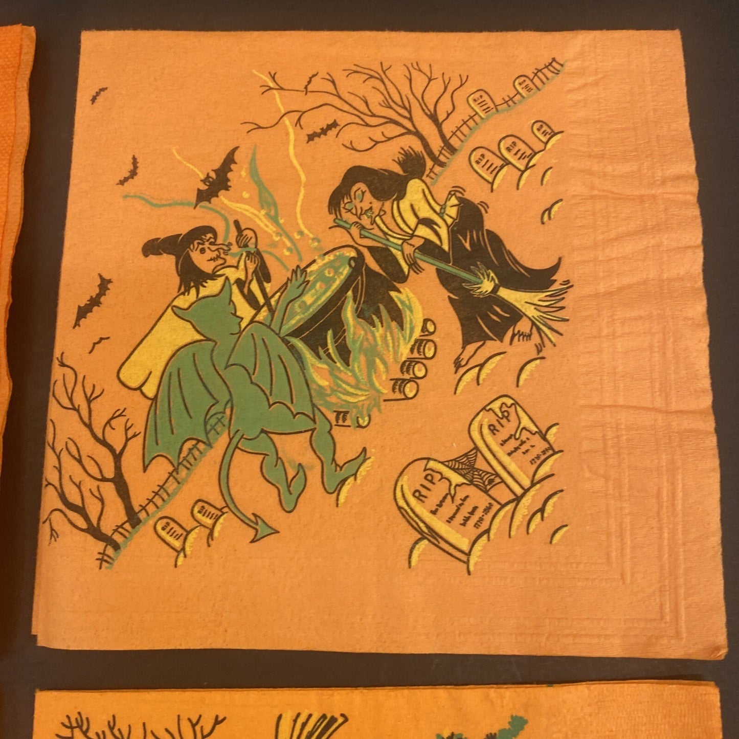 Vintage Orange HALLOWEEN PAPER NAPKIN Lot of 4 ALL WITCHES, Black cats, J.O.L