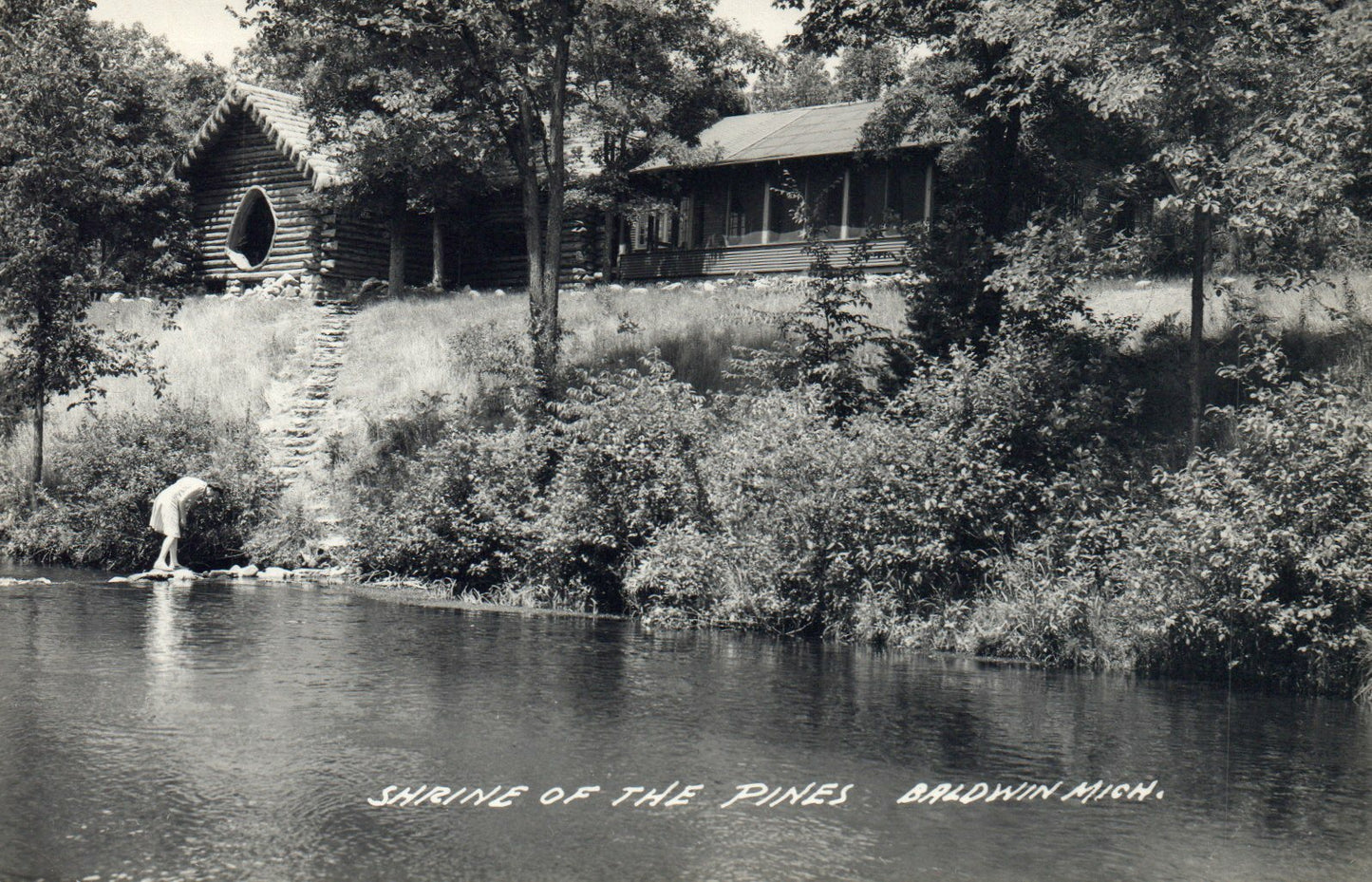 Real Photo Shrine of the Pines Baldwin Mich MI Michigan Postcard log cabin
