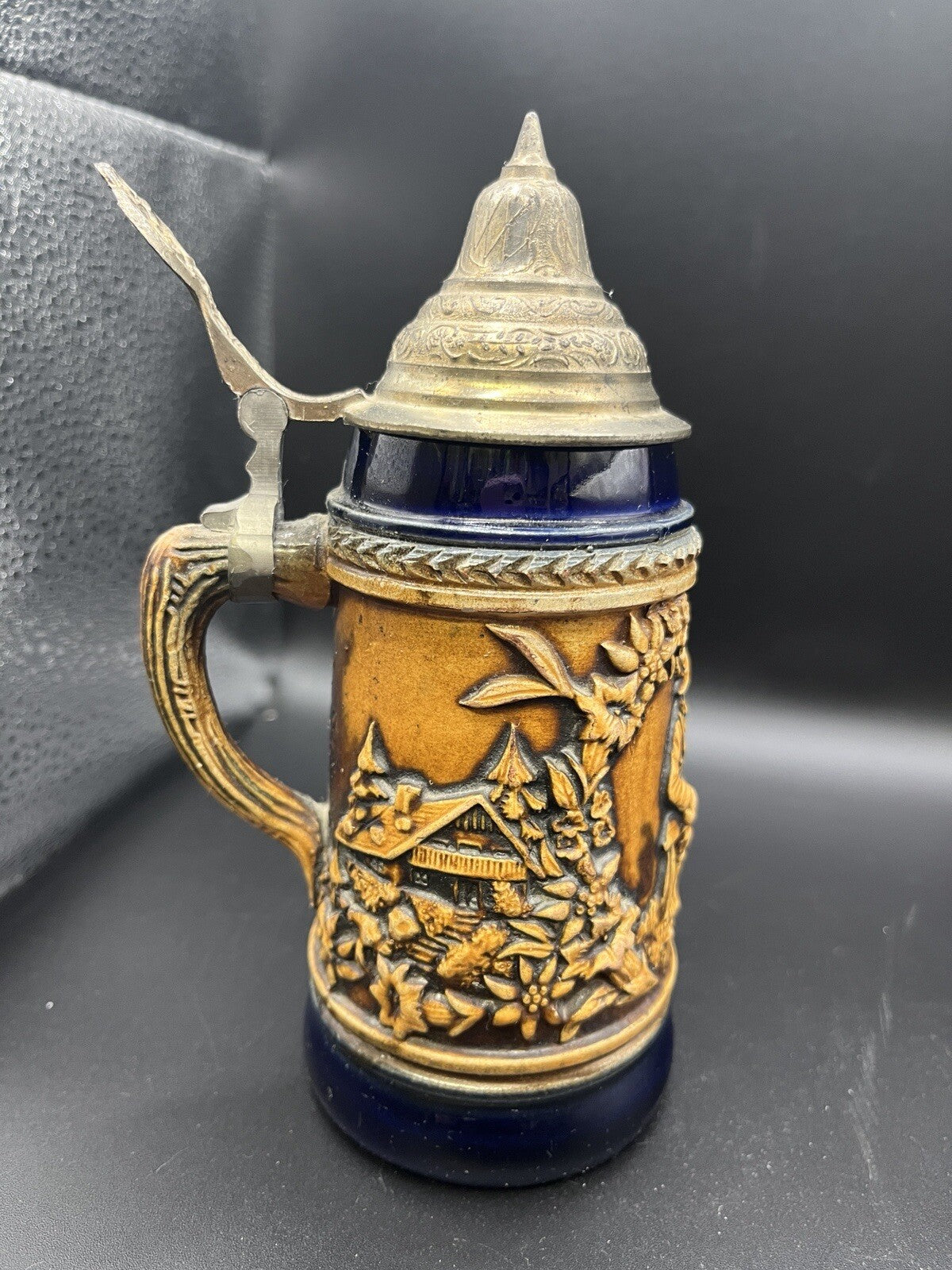 Vintage GERZIT Gerz German Pewter Lidded Beer Stein, Cobolt Blue Glazed