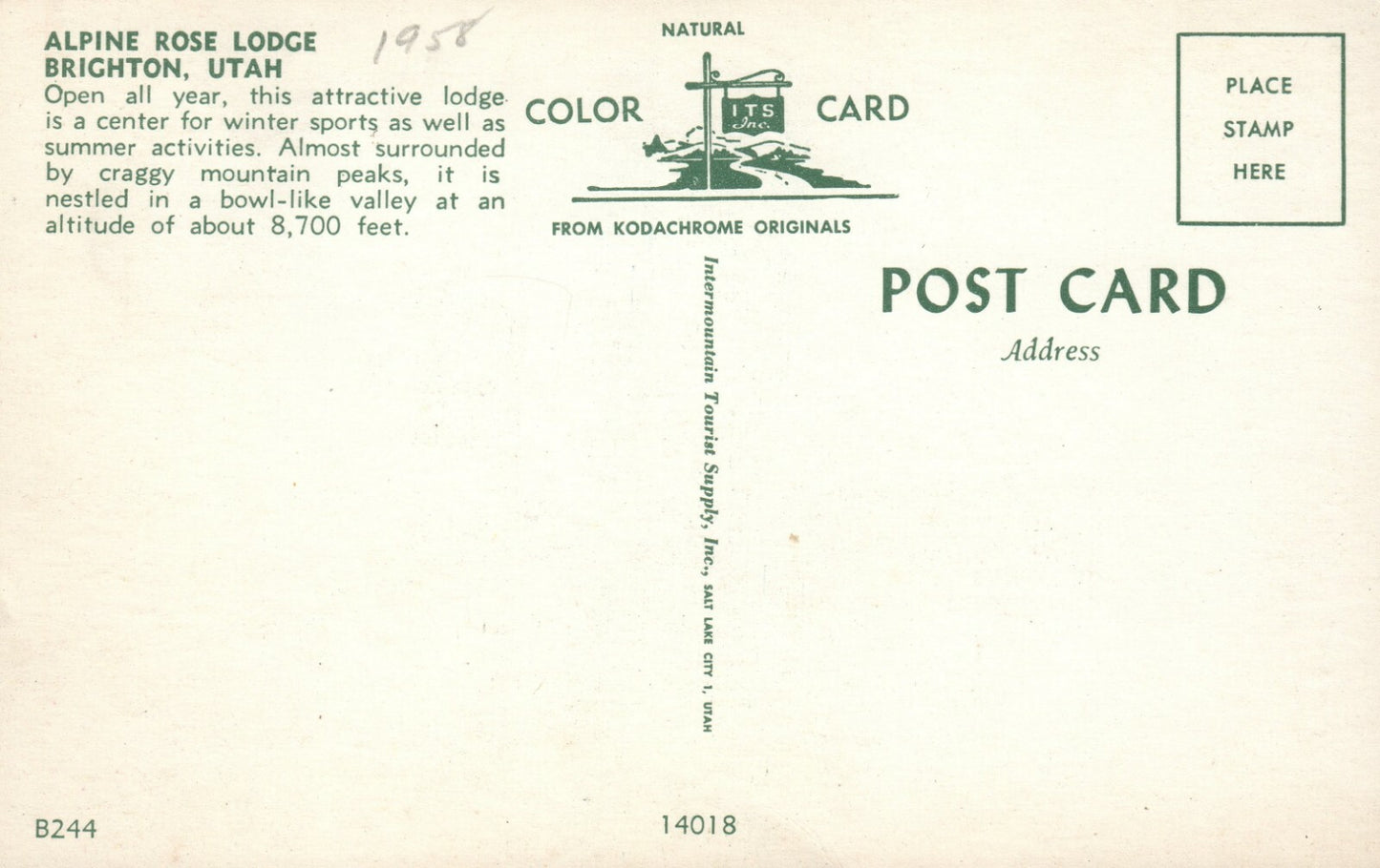 Alpine Rose Lodge Brighton B244 UT Utah Postcard