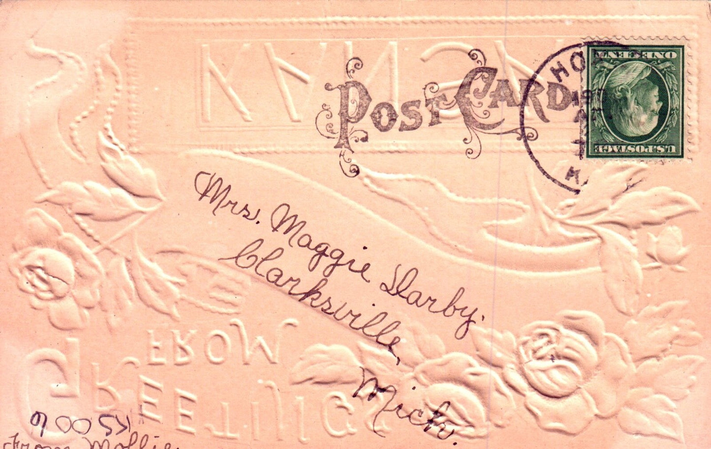 Heavy Embossed Floral Greetings from Seguin Kansas KS Postcard