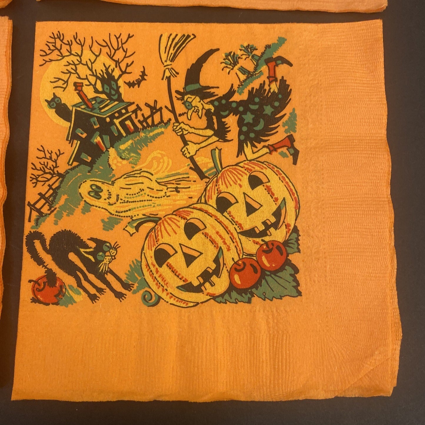 Vintage Orange HALLOWEEN PAPER NAPKIN Lot of 4 ALL WITCHES, Black cats, J.O.L