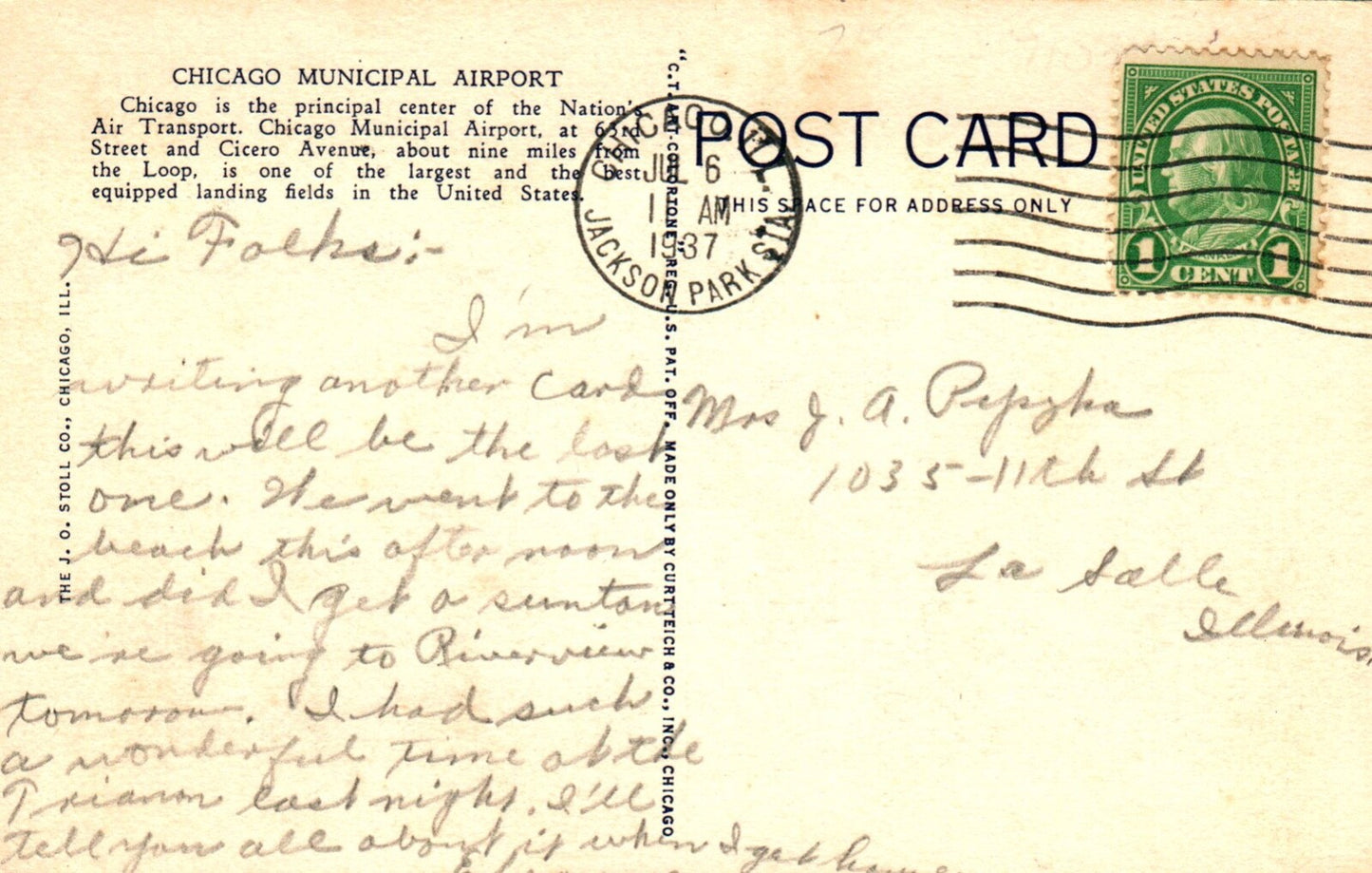 Chicago Municipal Airport Center of Air Transportation Vintage Airplane Postcard