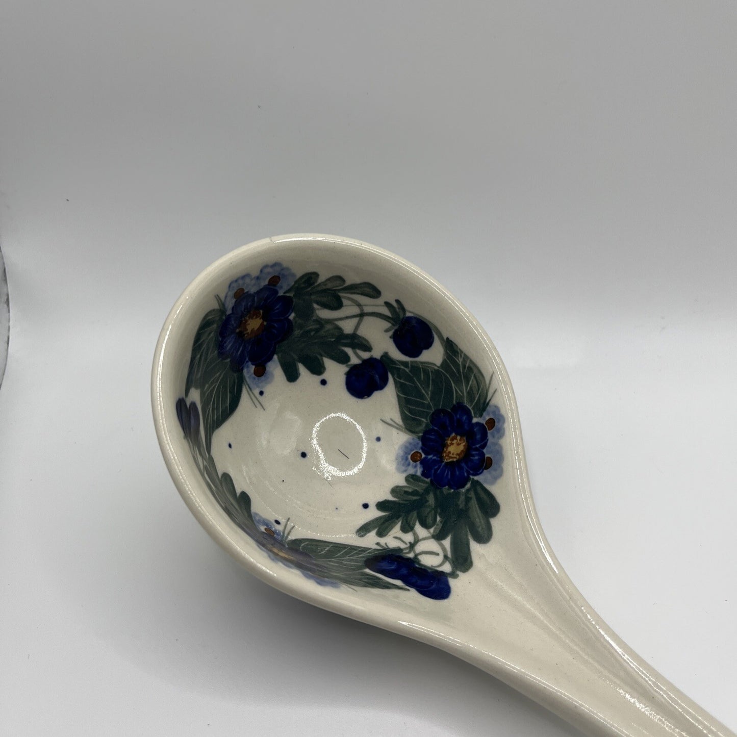 Vtg Polish Pottery Soup Serving Ladle 12“ Wild Blueberry Cobalt Blue