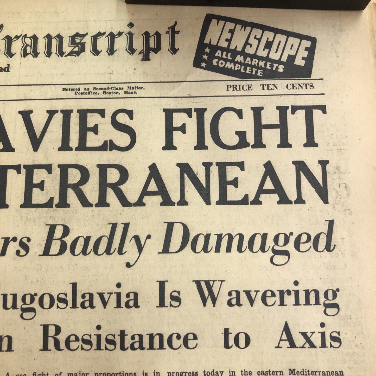 1941 MARCH 29 BOSTON EVENING TRANSCRIPT NEWSPAPER BRITISH GREEK NAVIES VS ITALY