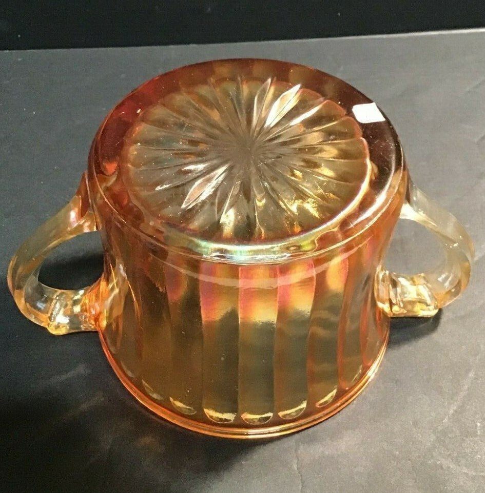 6 1/2" Marigold Two Handled Striped Large Sugar Bowl Iridescent Carnival Glass