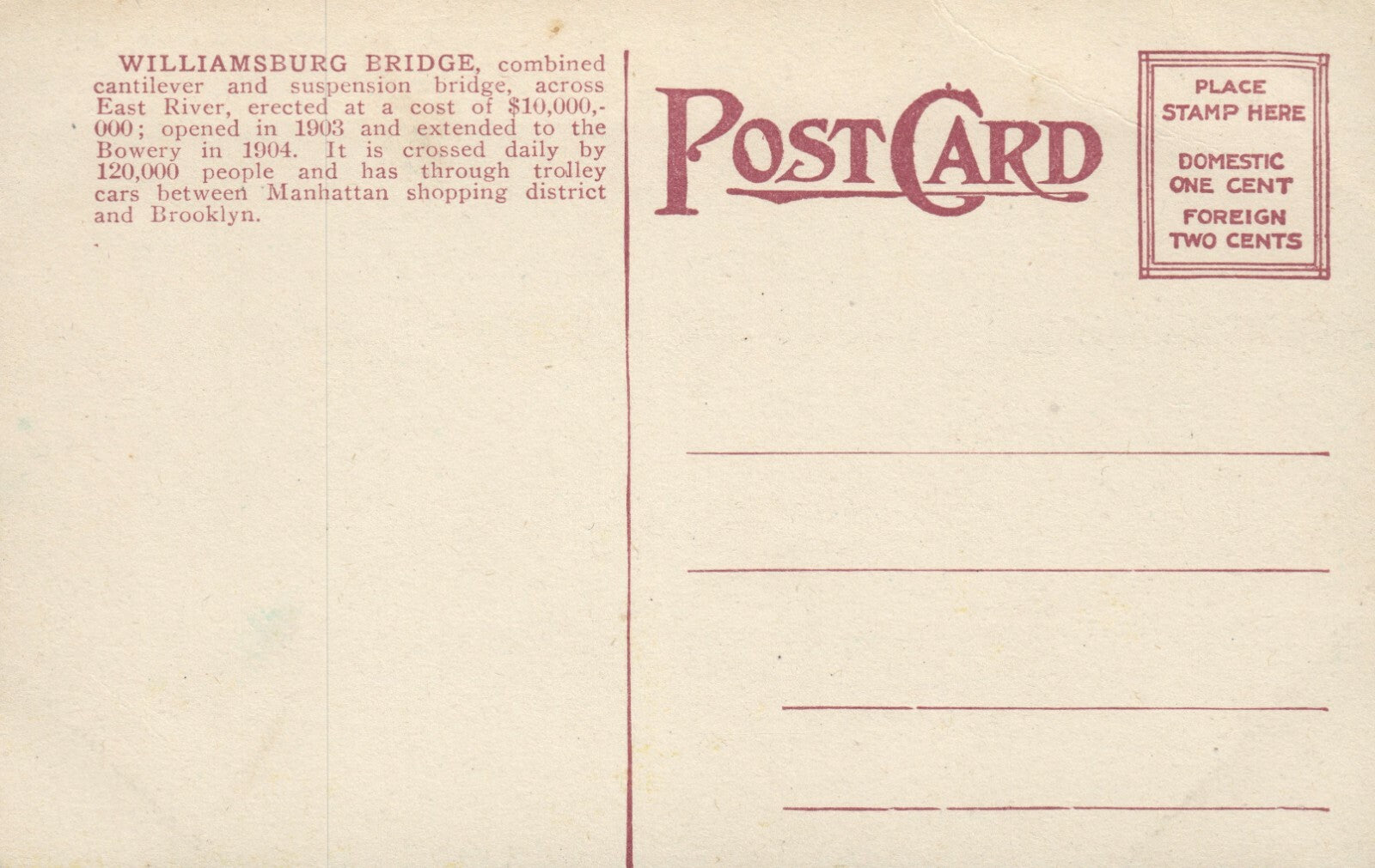 Williamsburg Bridge  NYC New York Postcard