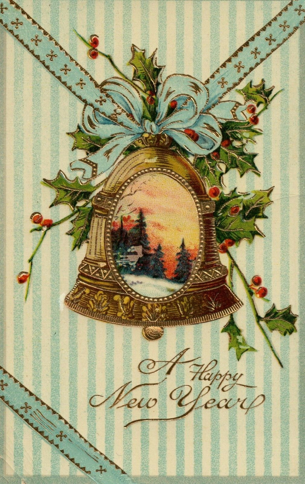 1910 Gold Embossed Bell Holly Sunset Scene Happy New Year Postcard Series B99