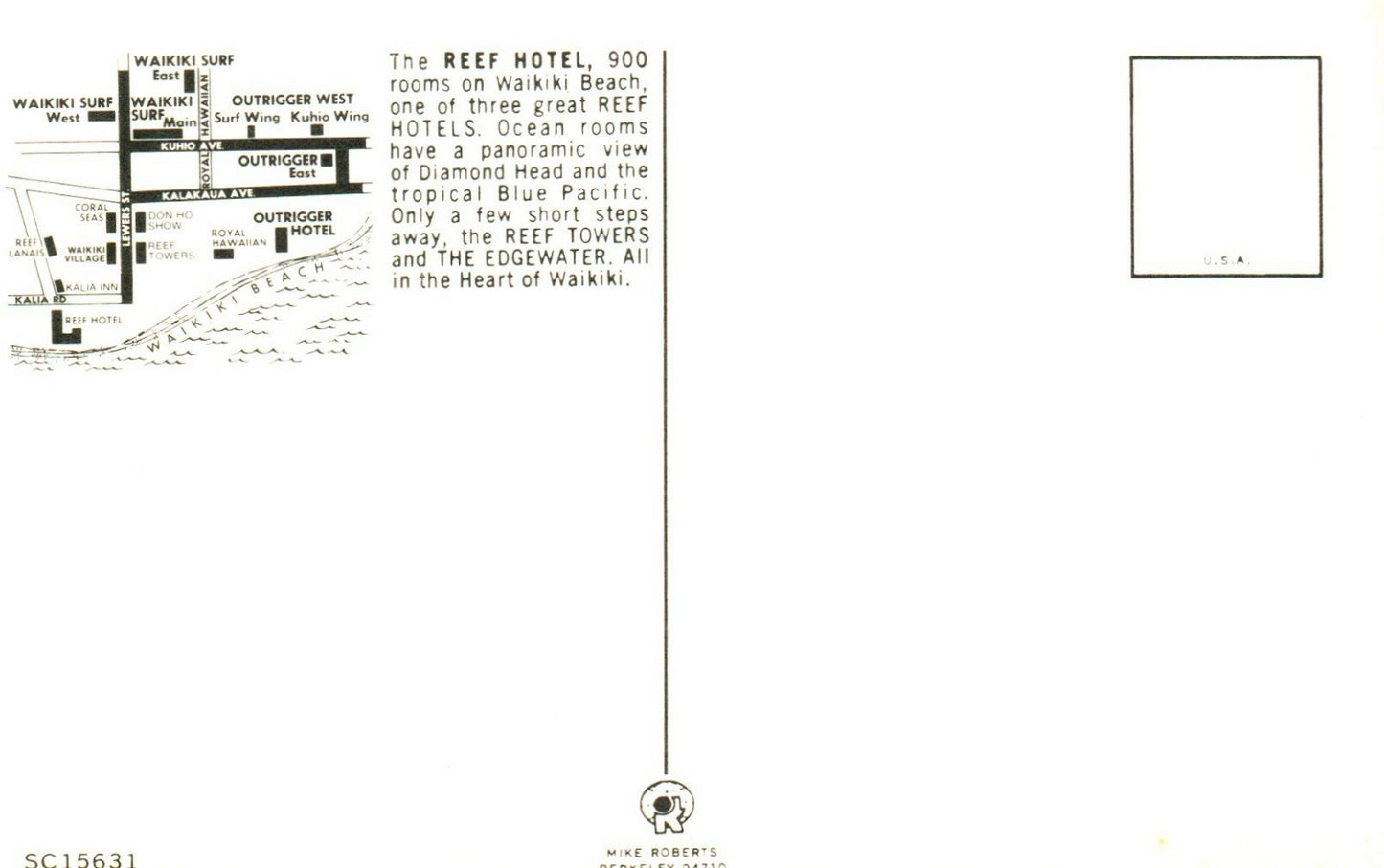 Reef Hotel Waikiki Beach Honolulu Hawaii Motel Postcard