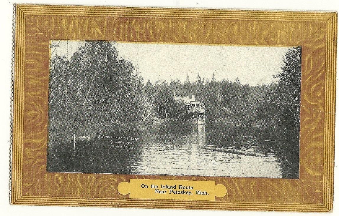 Crooked River Inland Route Petoskey Boat MI Michigan Postcard