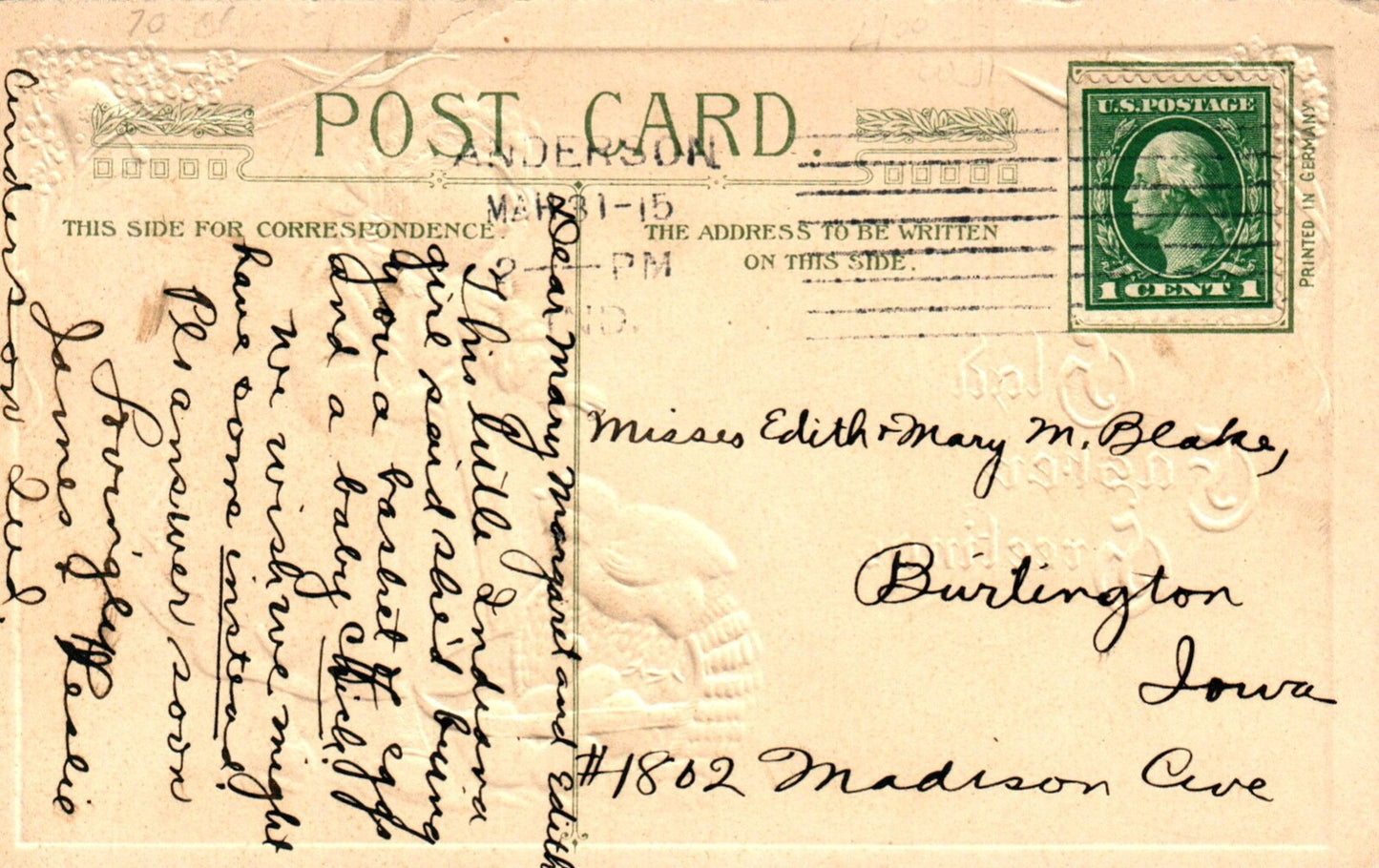 John Winsch Glad Easter Greetings Little Girl With Chick & Eggs Vintage Postcard