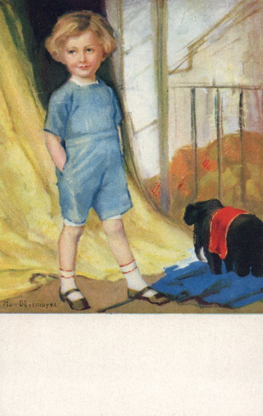 Young Boy & Elephant Postcard Max Obermayer Artist signed Germany