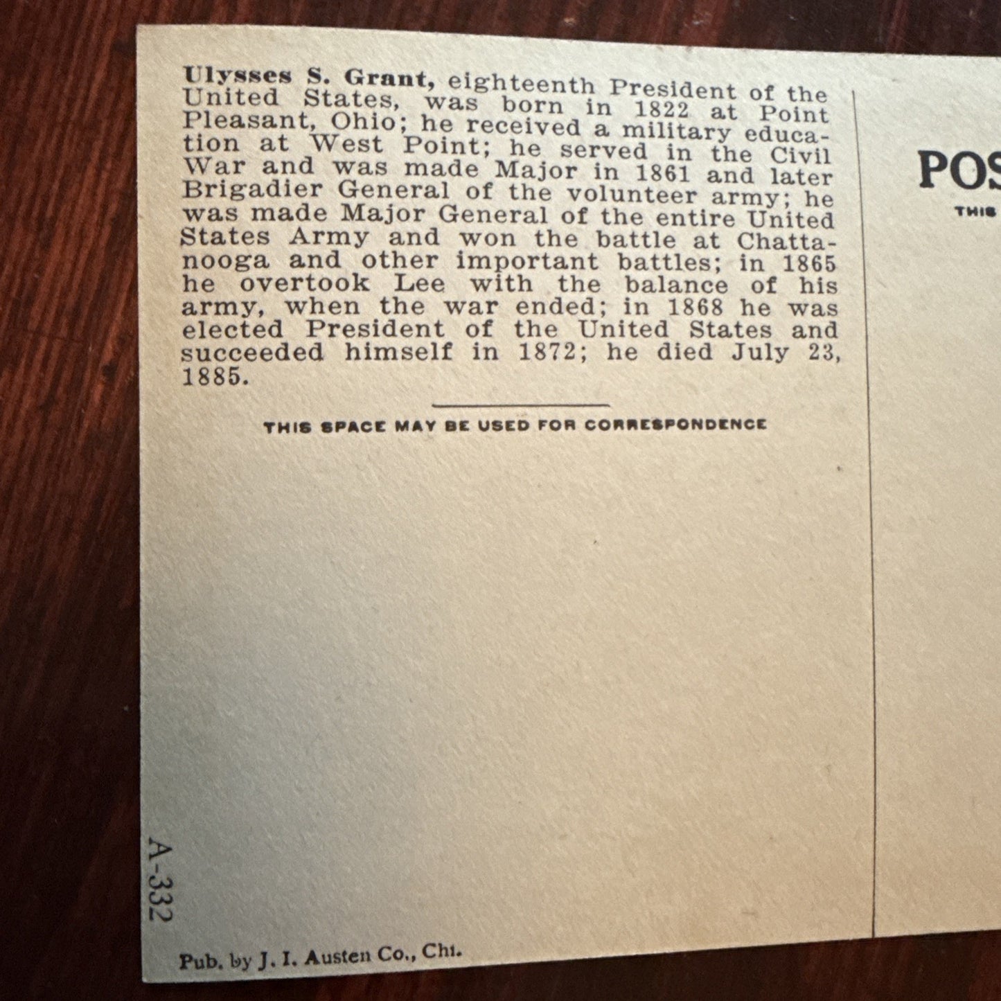 Ulysses S Grant by J I Austen Postcard Eagle & Flags c1910's *Scarce