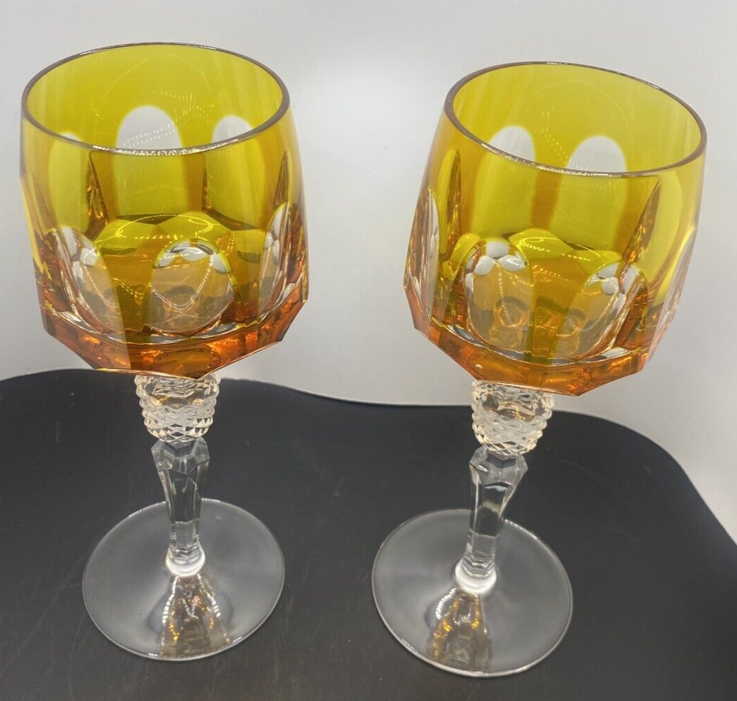 2 NACHTMANN ANTIKA Crystal 8" Cut To Clear WINE GOBLET Bohemian Yellow