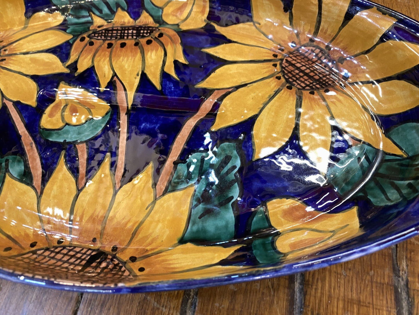 vintage Terracotta Pottery Mexican Talavera 1980's Cobalt Blue Sunflower Platter