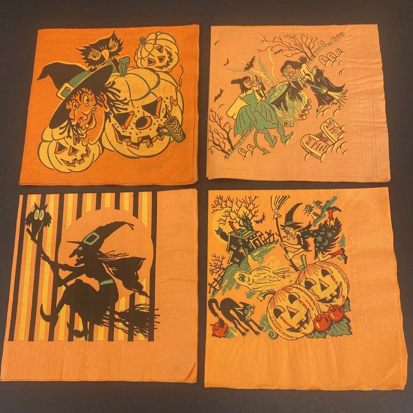 Vintage Orange HALLOWEEN PAPER NAPKIN Lot of 4 ALL WITCHES, Black cats, J.O.L
