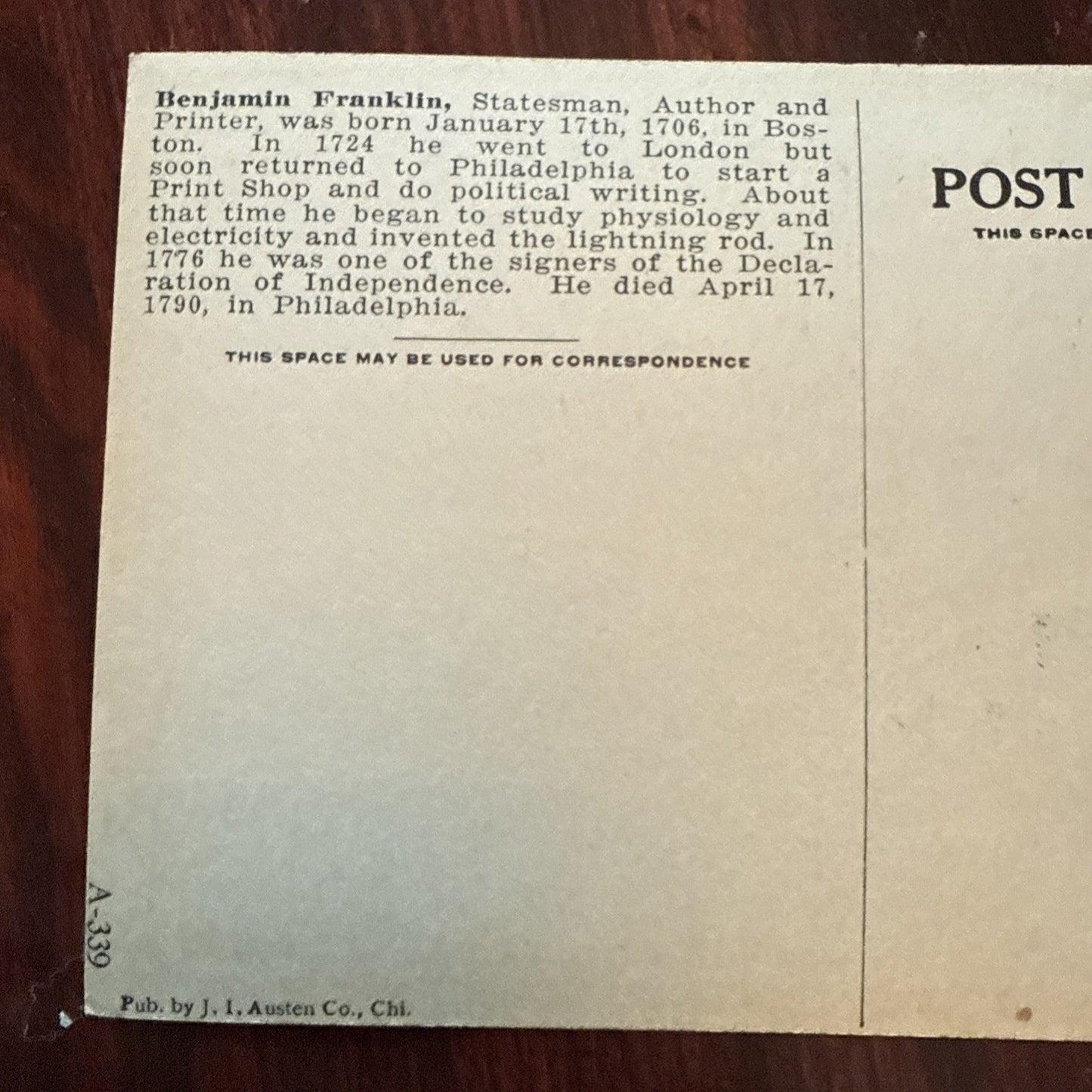 Benjamin Franklin J I Austen Postcard PEGASUS Arts Theater Writing 1910's Scarce
