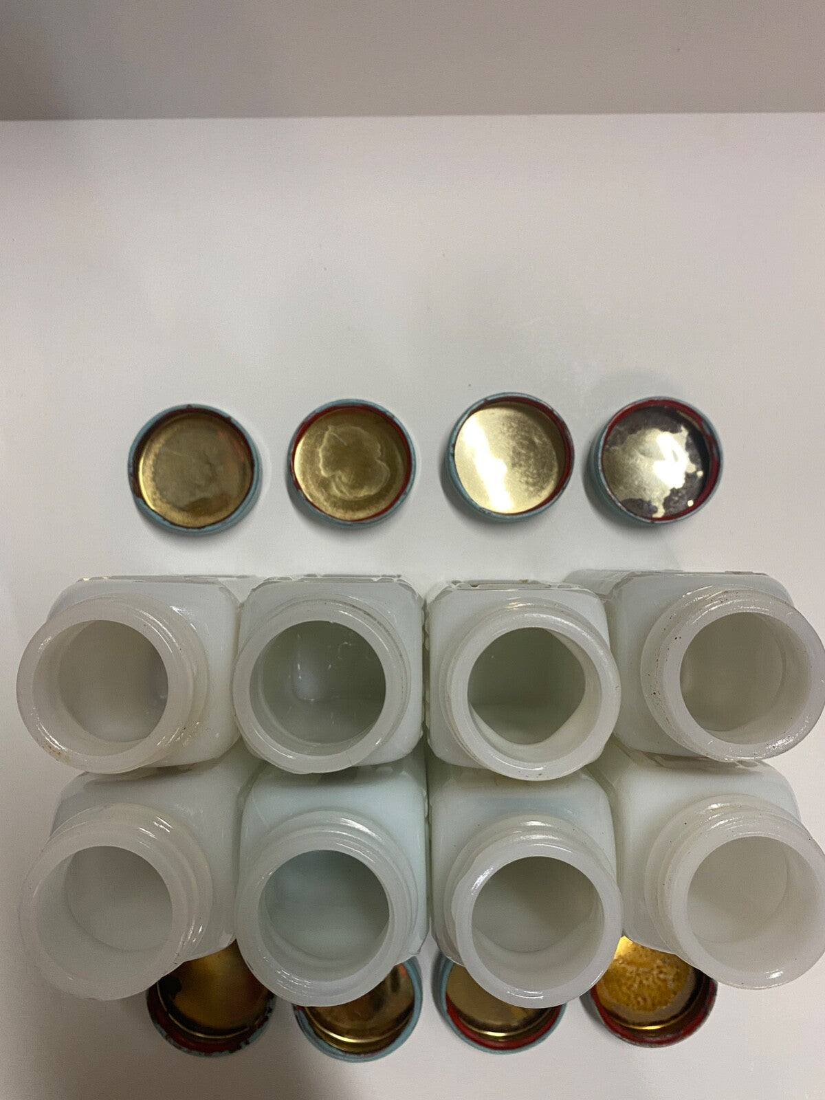 Vintage Griffith's Mid-Century Milk Glass Spice Jar Set of 8 Sage Blue/Green Lid