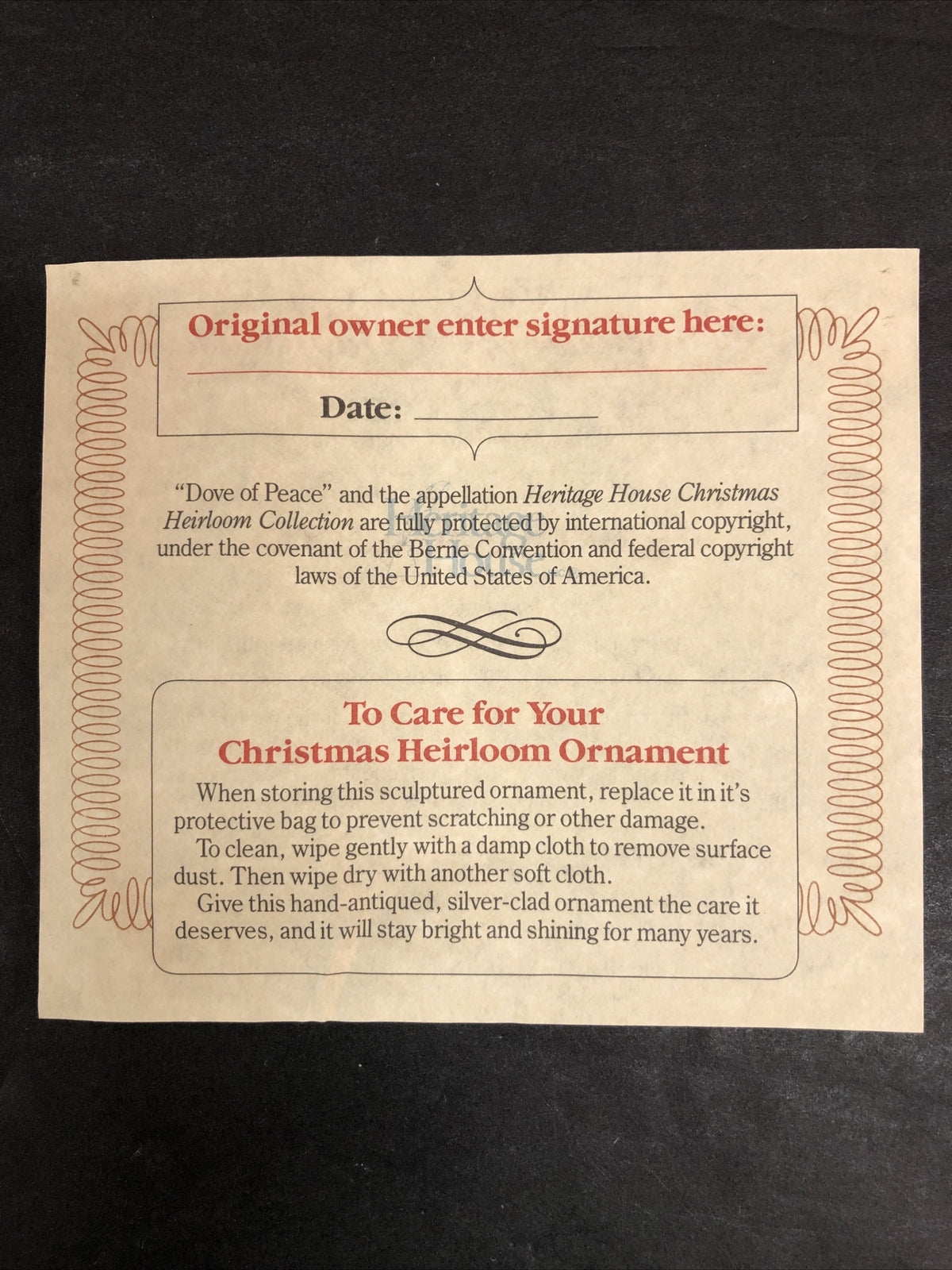 1989 Dove of Peace Christmas Heirloom Collection Holiday Ornament First Edition