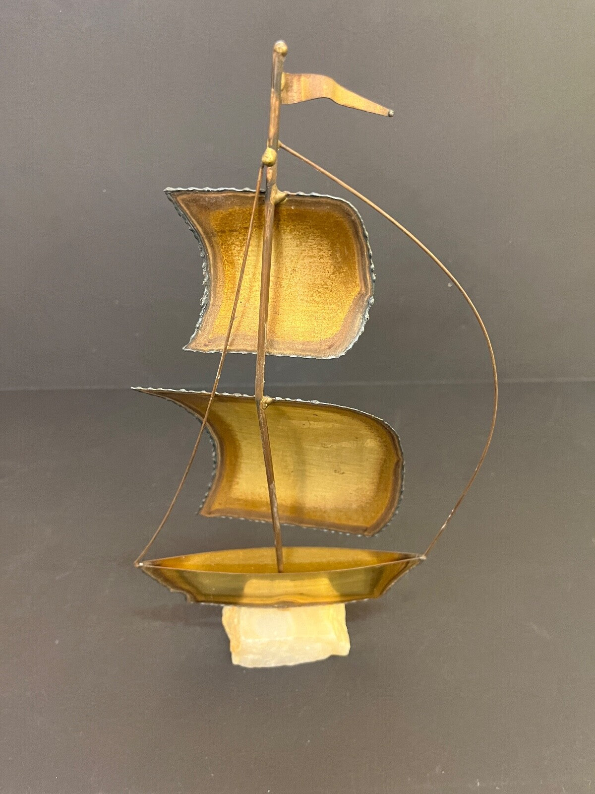 11.5" Signed Demott Mid-Century Modern Brass Sailboat Sculpture on Onyx Base