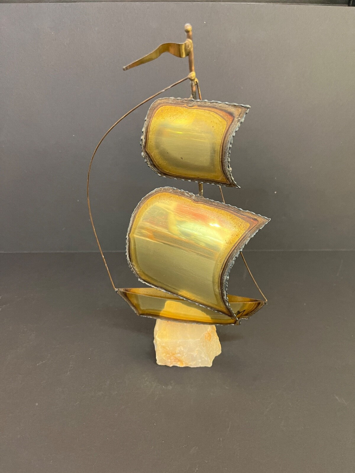 11.5" Signed Demott Mid-Century Modern Brass Sailboat Sculpture on Onyx Base