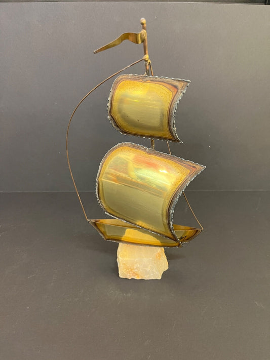 11.5" Signed Demott Mid-Century Modern Brass Sailboat Sculpture on Onyx Base